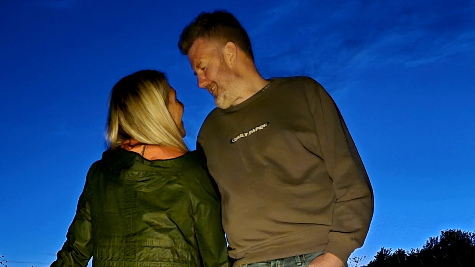 Couple stargazing at night under a dark sky